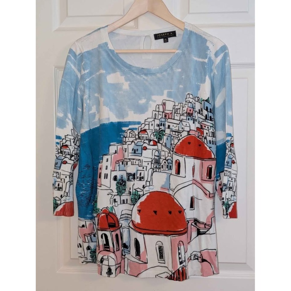 Joseph A Santorini Sweater XL Blue White Greek Island Print Lightweight Knit Top
